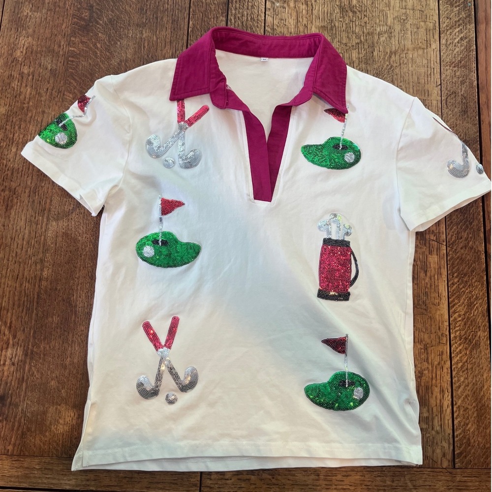 Sequin embellished women's white purple cotton golf polo shirt M golfcore preppy